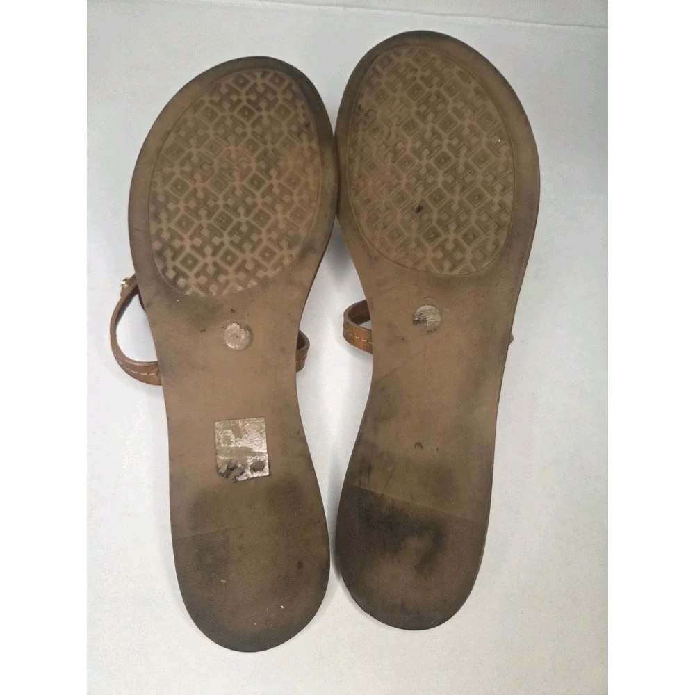 Tory Burch Miller Leather Thong Sandals Tan Brown Double T Logo Flat Women's 7.5